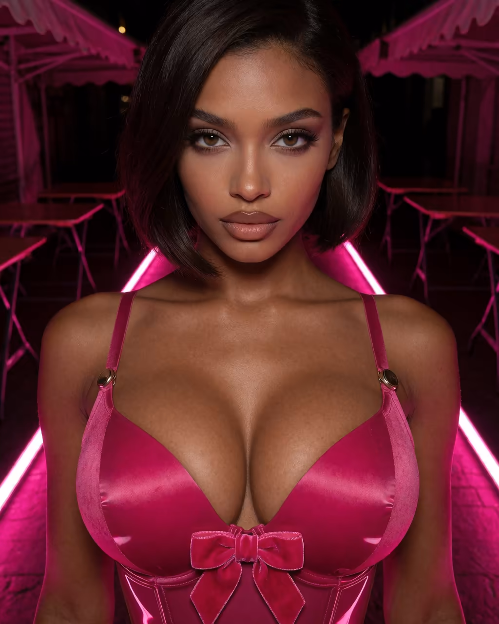 Espresso bob in a hot pink bra, night market after closing