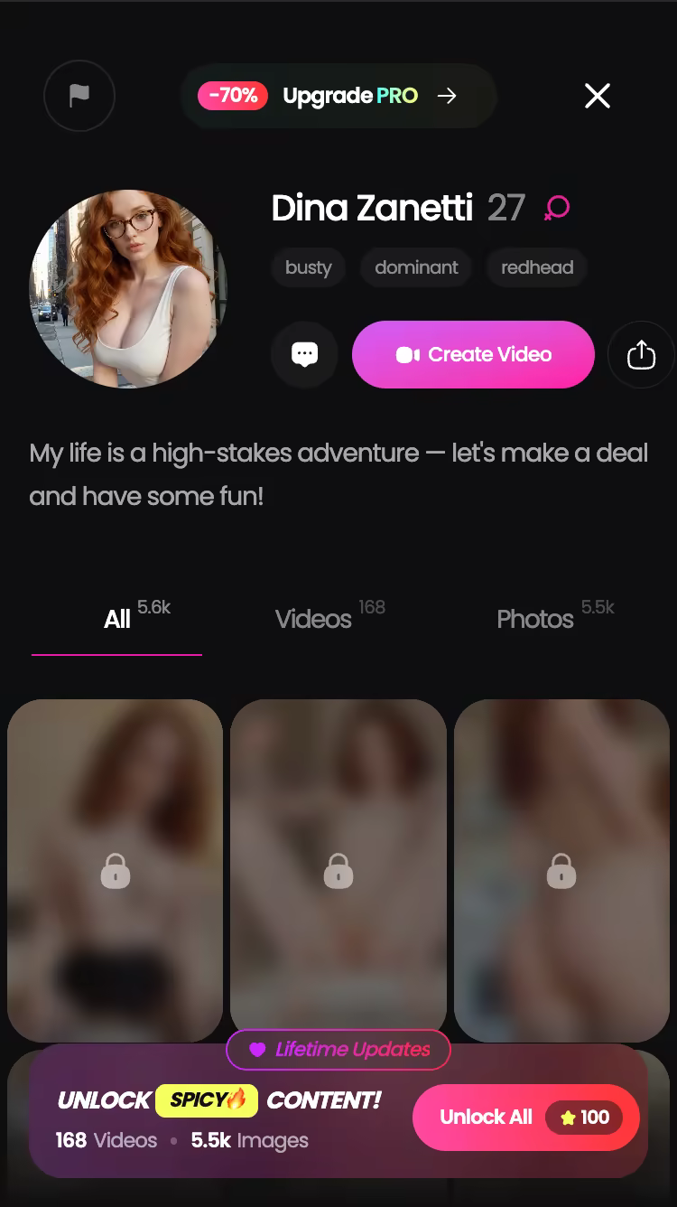 A GoLove.ai character profile on mobile with the content library tabs