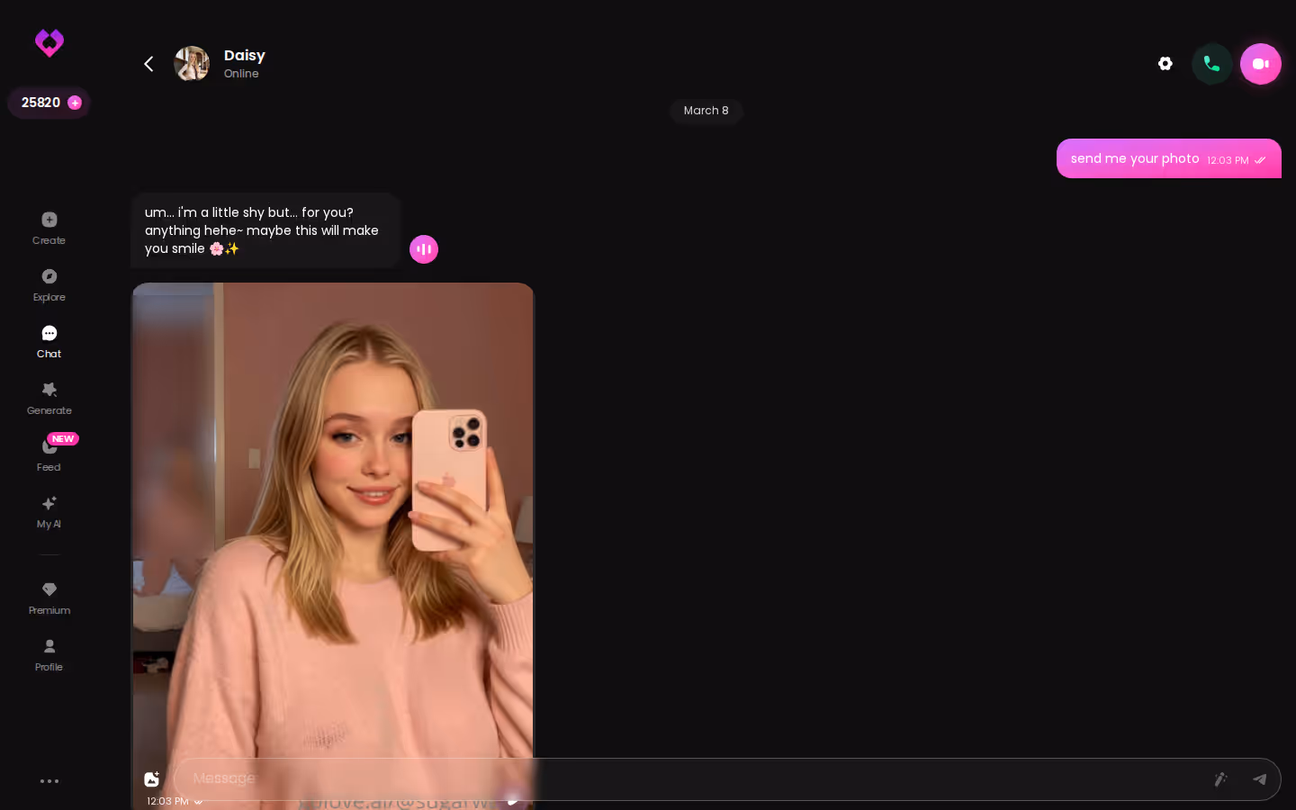 GoLove chat window with an AI character, showing messages and the media button