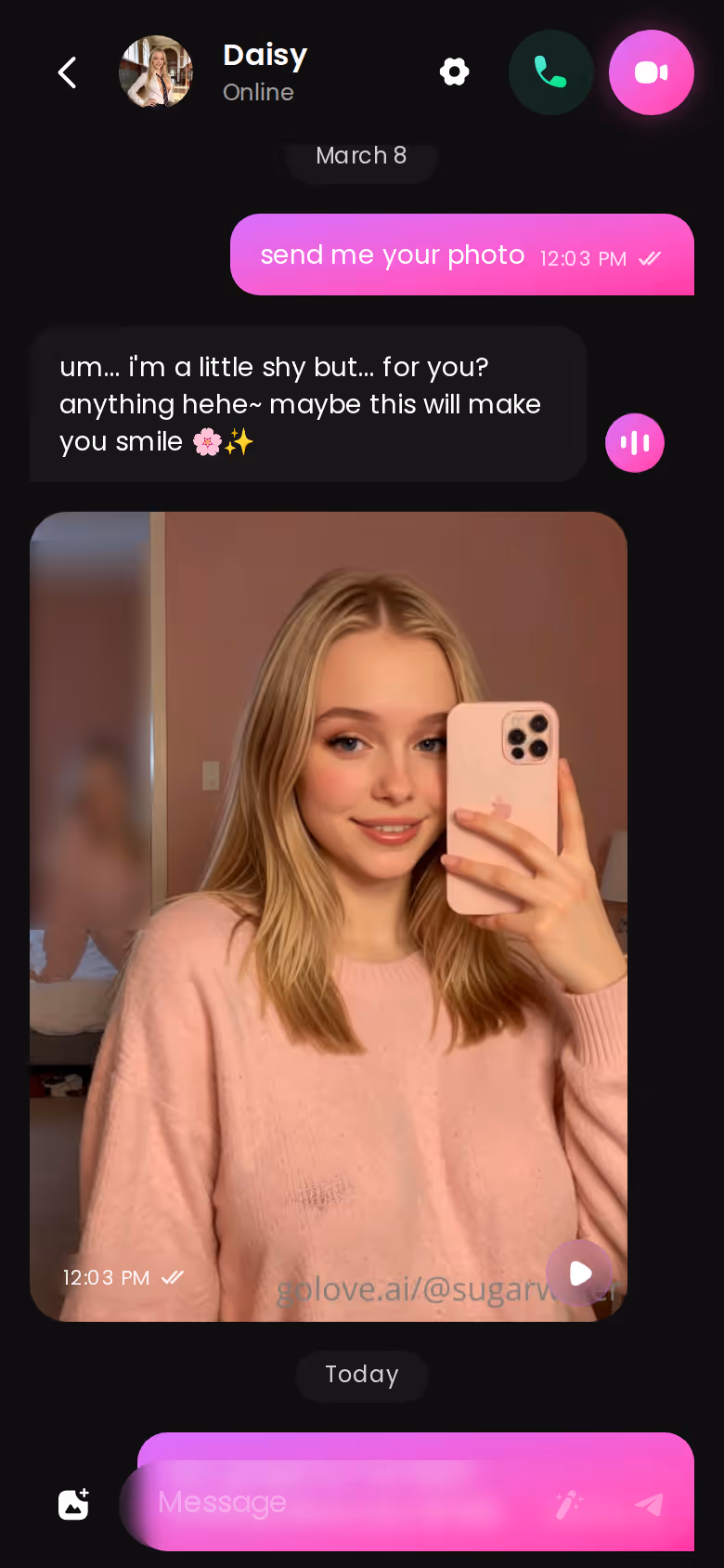 Full mobile GoLove.ai conversation with another character — ai companion app with group chat