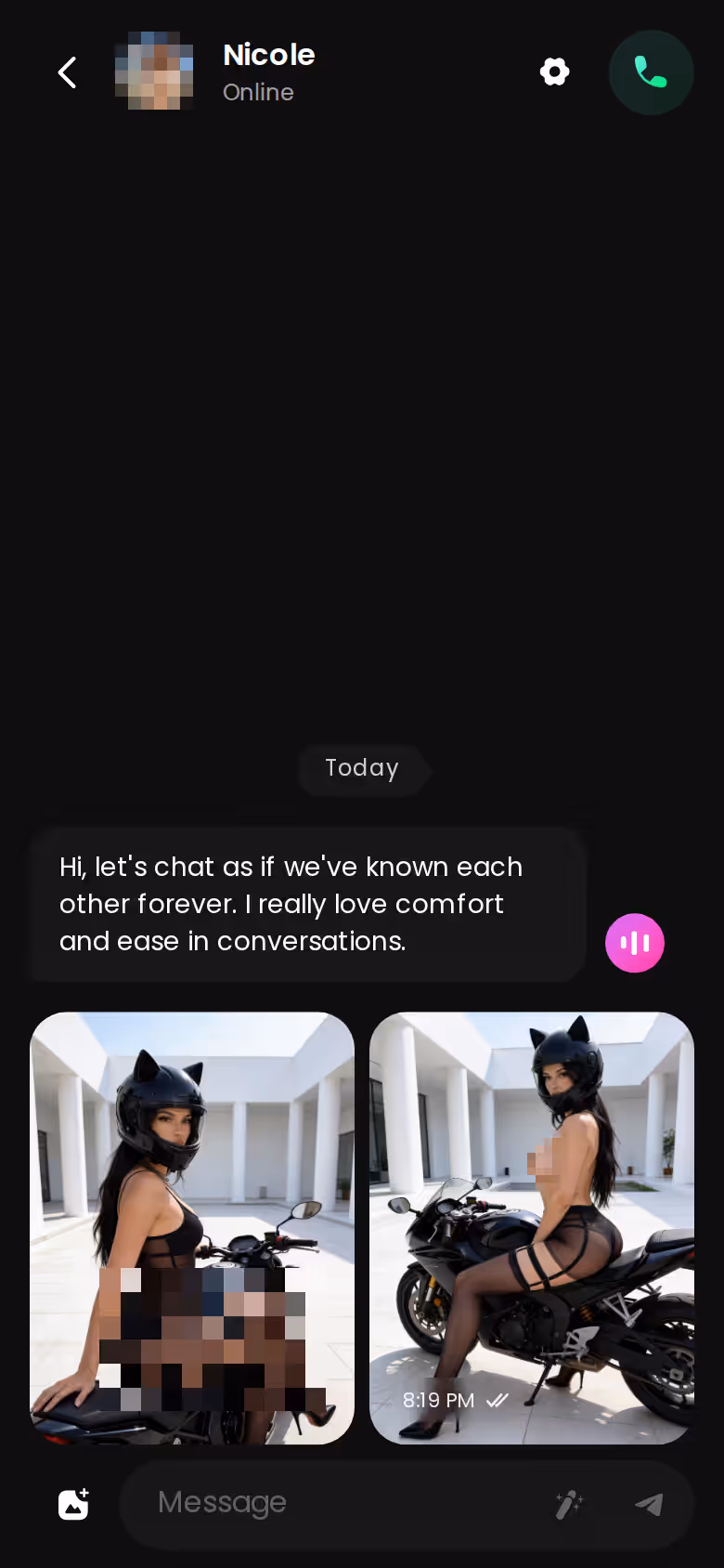 GoLove mobile chat thread showing in-chat photo requests with a character