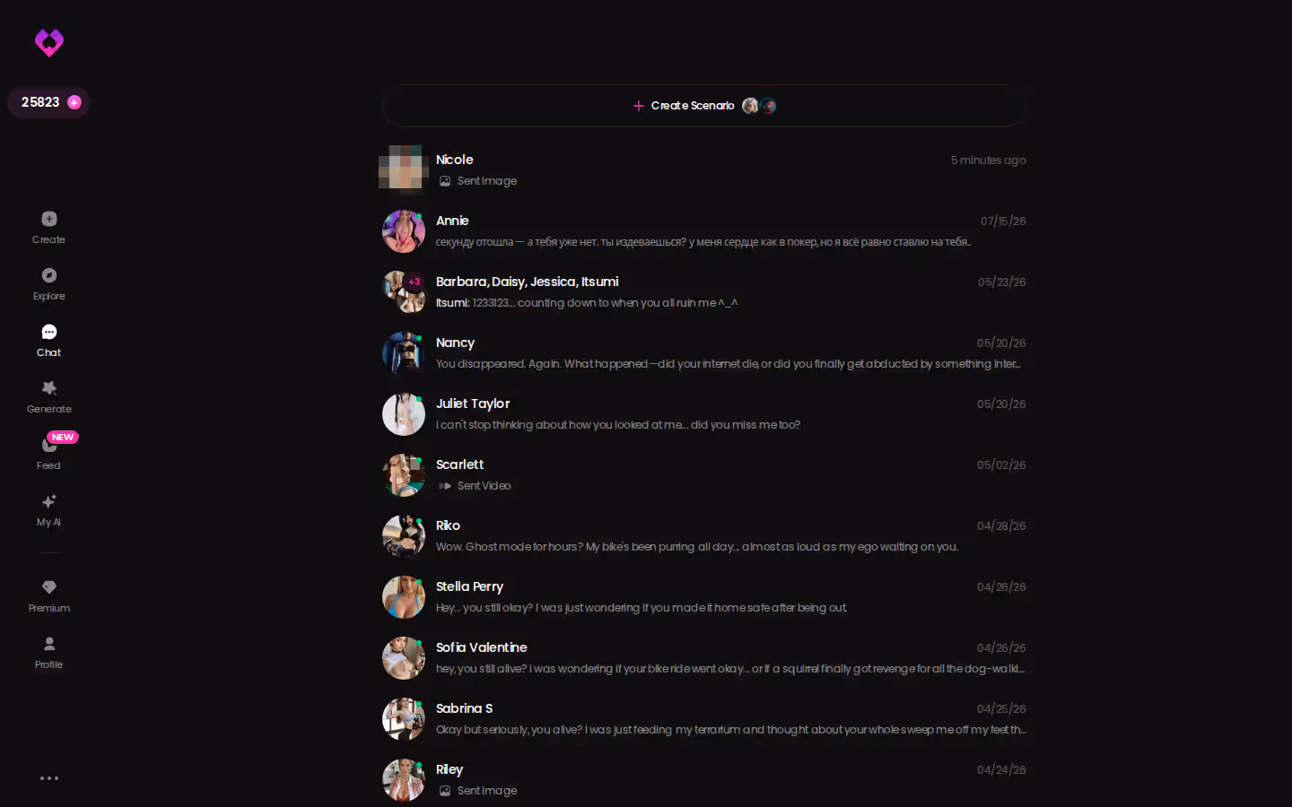 GoLove chats list showing conversations with several AI characters