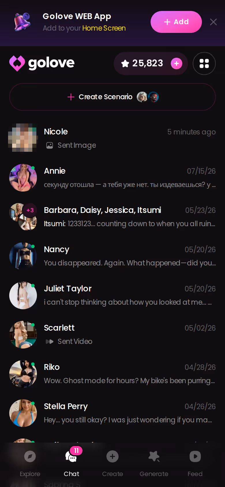 Mobile GoLove.ai chats list with last-message previews — sex series