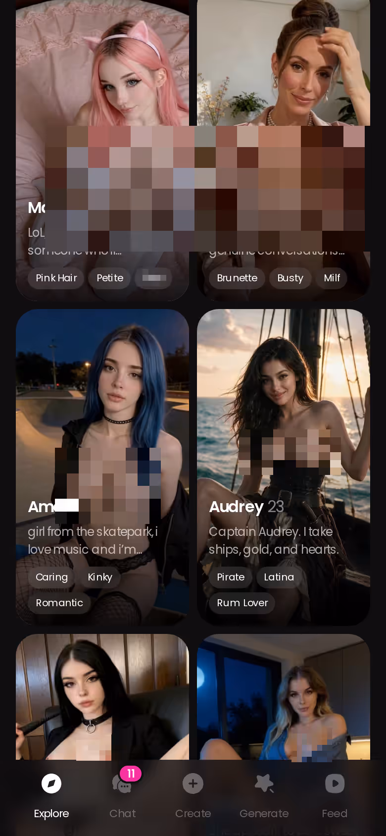 More of the mobile GoLove.ai Explore character grid — ai character chat app no subscription