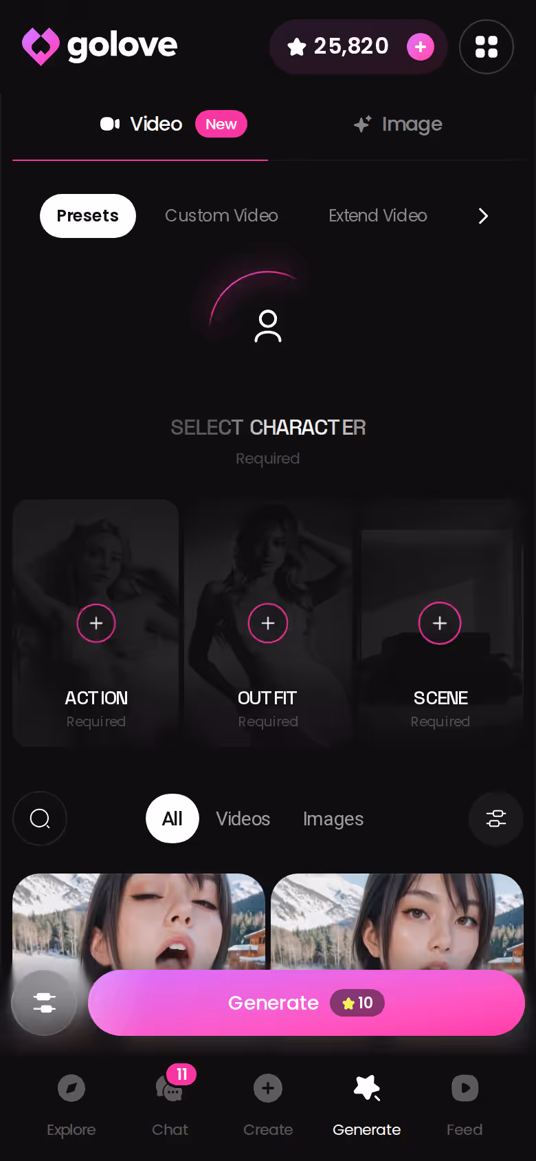 GoLove Generate hub on mobile for generating photos and videos of the cast