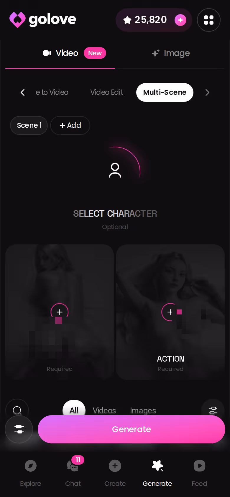 GoLove's Multi-Scene video generator open on a phone
